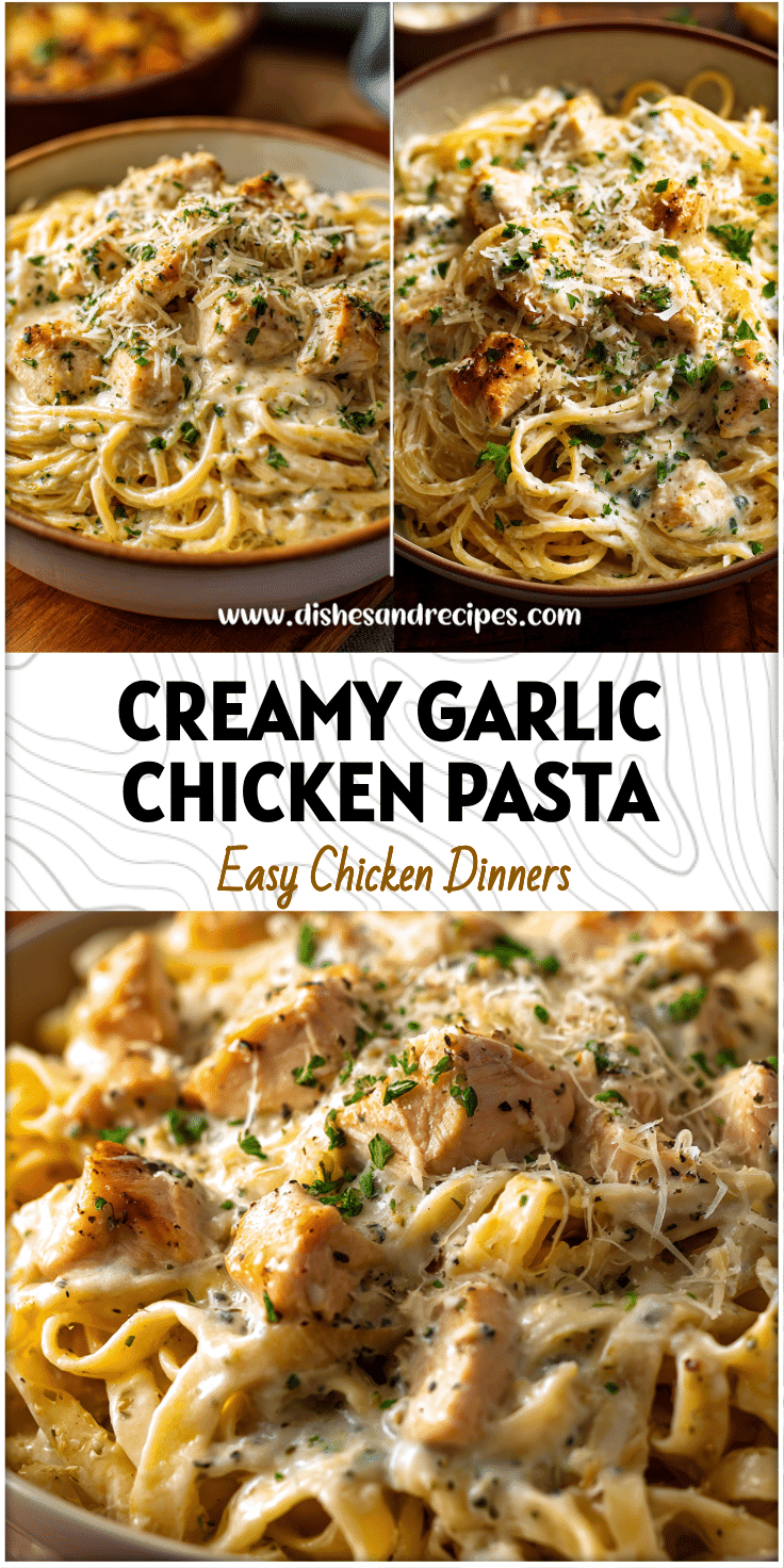 Bowl of creamy white sauce chicken pasta topped with Parmesan and herbs for a hearty dinner idea